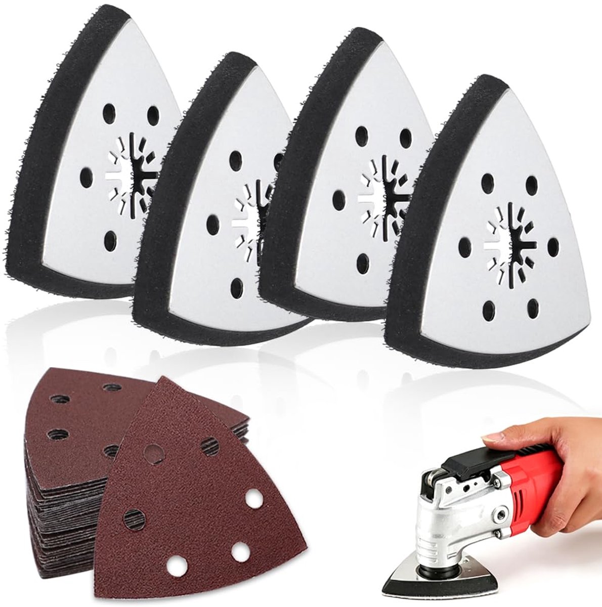 SnelShoppen - 4 Stuks Driehoekige Schuurplaat 93 mm met 24 Vellen Schuurpapier - Multitool Schuurplaat voor Hout, Metaal, Kunststof en Steen - Lichtge