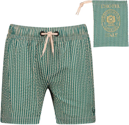 Zwembroek met groene en beige strepen, koordje en een bijpassende zwemzak.
