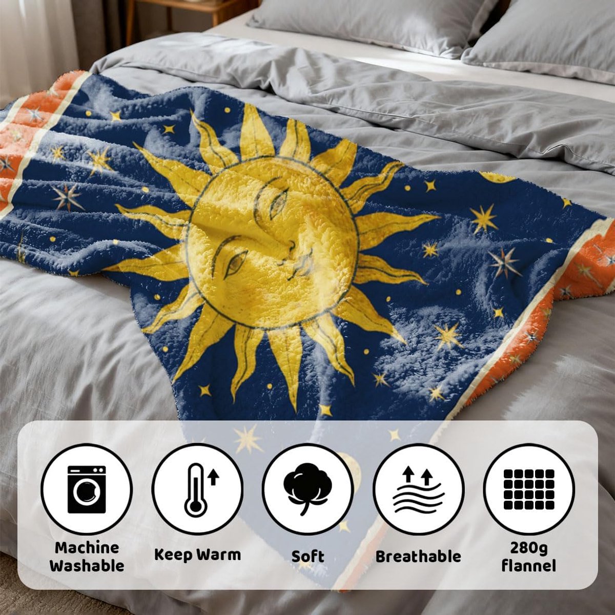 SnelShoppen - Throw Blanket Zacht Flanel Dekentje voor Bed en Bank met Zon Sterren Universum Motief, Super Warm en Comfortabel, Donkerblauw 150x130cm