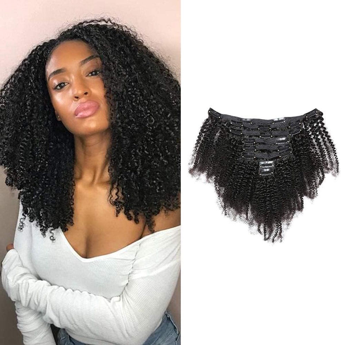 SnelShoppen - 18 Inch 8A Remi Menselijk Haar Clip-in Extensions 8 Stuks Set Afro Kinky Krullend Dubbel Weft voor Zwarte Vrouwen Natuurlijk Kleur 120g/