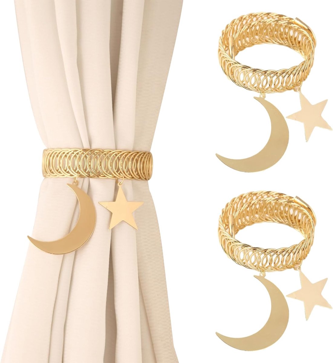 SnelShoppen - 2 Stuks Gordijnhouders Elegant met Sterren en Maan - Boho Magnetische Gordijnclips voor Thuis en Kantoor - Sterke Metaal, Eenvoudig in G