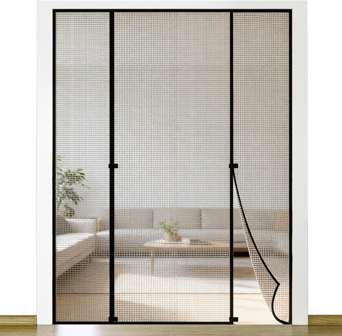 SnelShoppen - Vliegenraam Balkondeur 140 x 222 cm, Insectenbescherming, Magnetische Vliegenhor voor Balkon en Terrasdeur, Drie-Delig Ontwerp, Zwart
