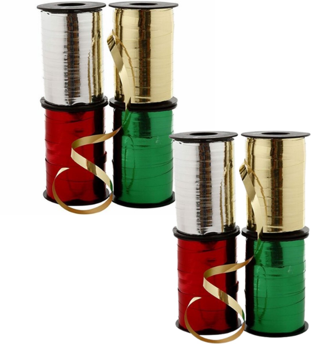 Cadeaulint set metallic | Krullint in goud, zilver, groen en rood | 10 mm x 250 m | 2x4 rollen