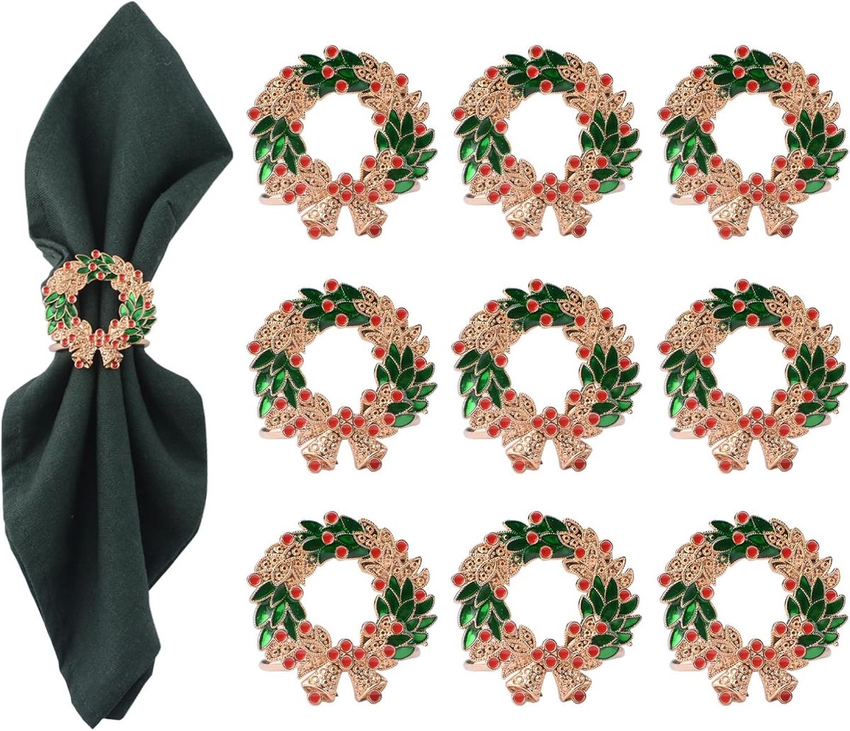 Servettenhouder rond 3,5 cm - kleurrijk met kerstkrans ontwerp - 10 stuks voor tafelversiering - ShopVlot