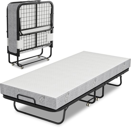 Opklapbed in gevouwen toestand met grijze matras en metalen frame met wielen. Uitgeklapt bed met grijze matras en zwart frame.