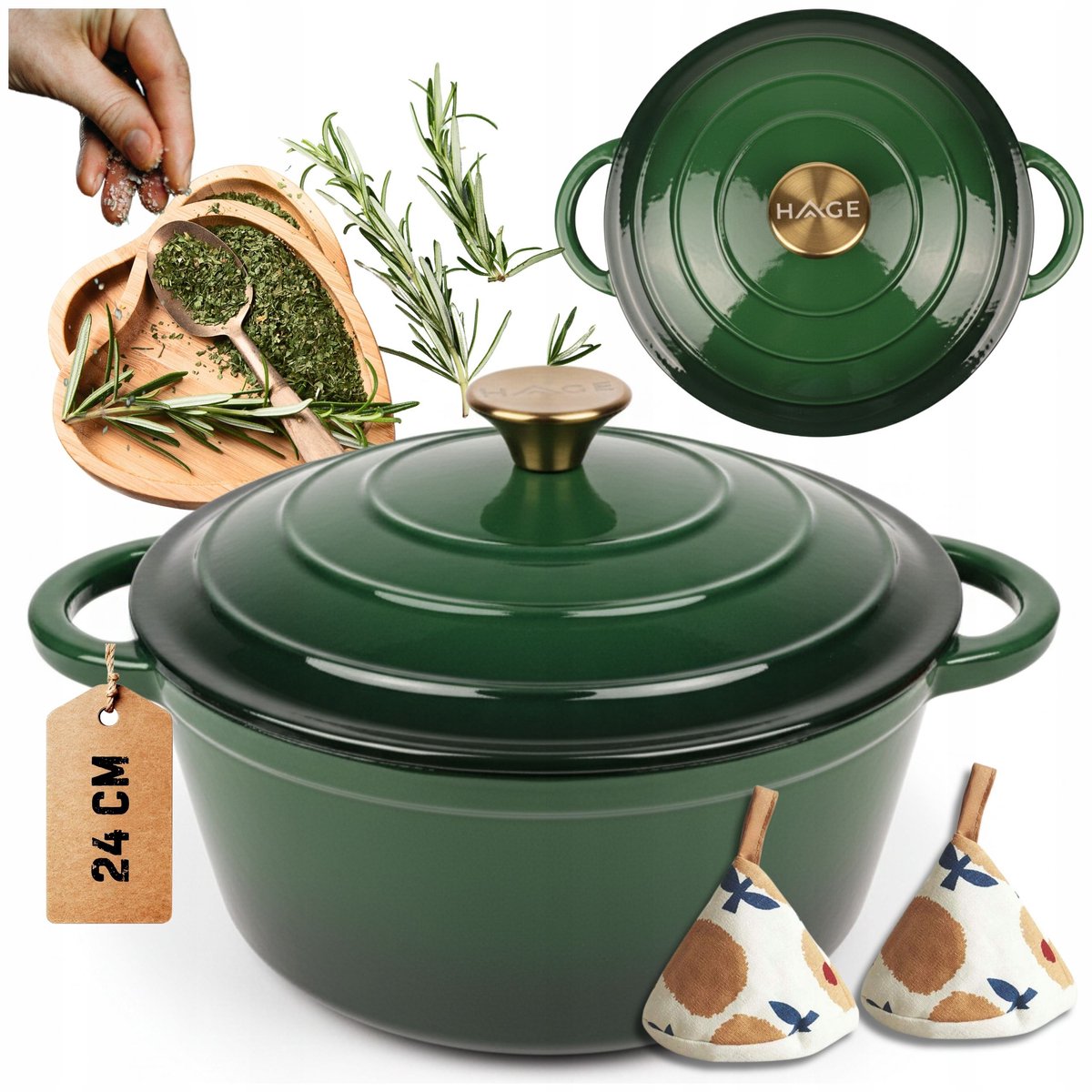 Hage - Braadpan - Geëmailleerde Gietijzeren Braadpan - Casserole - Geschikt voor Inductie, Gas & Oven - Inclusief Pannenonderzetter & Handgreepbeschermers - 4 Liter - Ø24 x 12 cm - Donkergroen