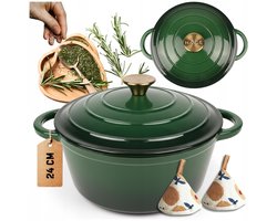 Hage - Kookpan - Stoofpan - Braadpan - Gietijzeren Pot met Deksel - Geëmailleerd Gietijzeren Braadpan - Inductie & Dutch Oven Geschikt - Inclusief Mini Ovenhandschoenen & Onderzetter - Voor Braden, Stoven, Soep & Brood - 4Liters - Ø24cm - Donkergroen