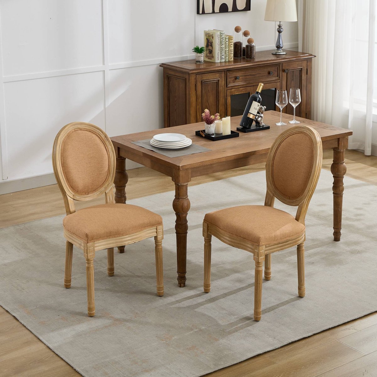 Sweiko Eetkamerstoel - Set van 2 - Houten frame - Linnen zitkussens - Bruin