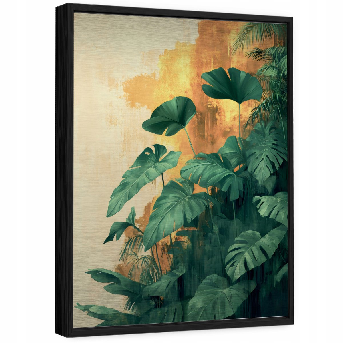 WALLARENA Schilderij op geborsteld aluminium met zwarte lijst 150x100 cm - monstera bladeren in loftstijl - wanddecoratie voor woonkamer en slaapkamer Groen