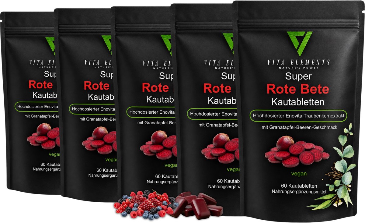 Vita Elements Rode Biet Kauwtabletten met Druivenpitextract - 500 mg Bietenpoeder - Veganistisch - Cafeïnevrij - 180 Tabletten - Sportvoeding - Getest Set van 5