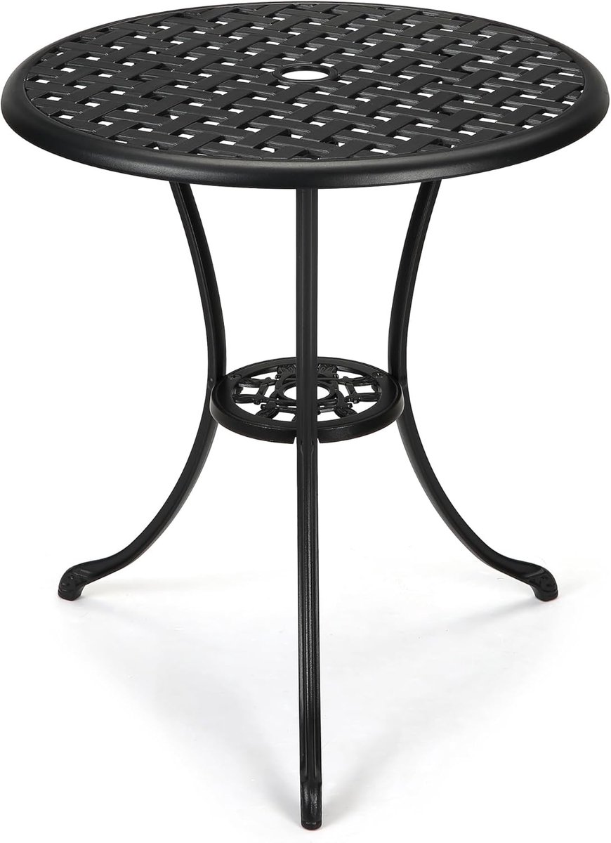 Ronde Aluminium Bistrotafel Ø 60 cm - Tuintafel met Parasolgat - Roestvrij & Weersbestendig - Zwart- Voor Balkon en Terras
