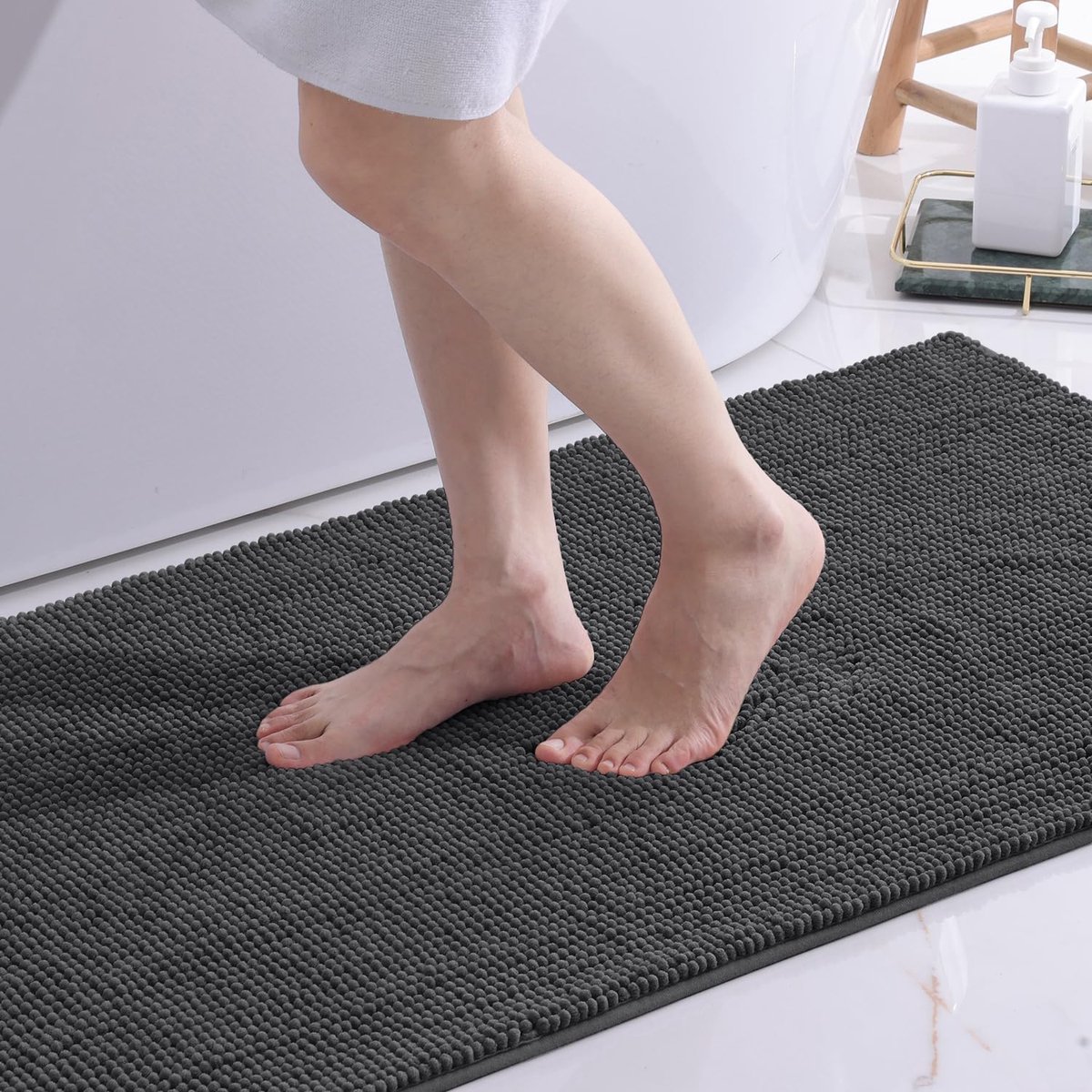 Olanly Badmat Antislip – Set Van 2 - Donkergrijs – Douchemat – Badmat Badkamer – kort pluche Chenille Badmat – 60x120cm