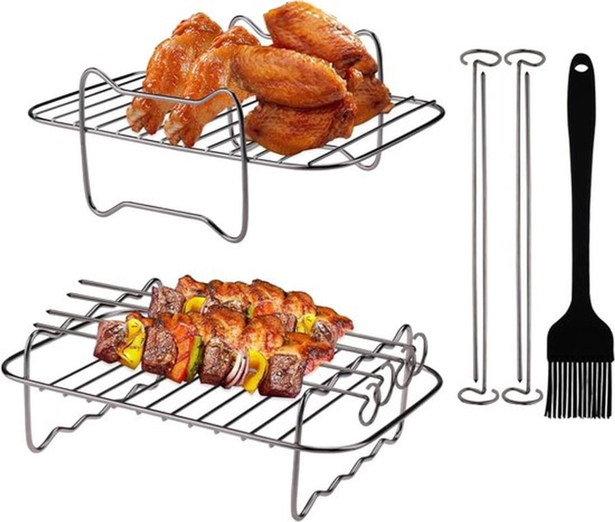 Accessoires voor Airfryer: RVS Grillrooster met 4 Spiezen en Oliekwast voor Gezond Koken