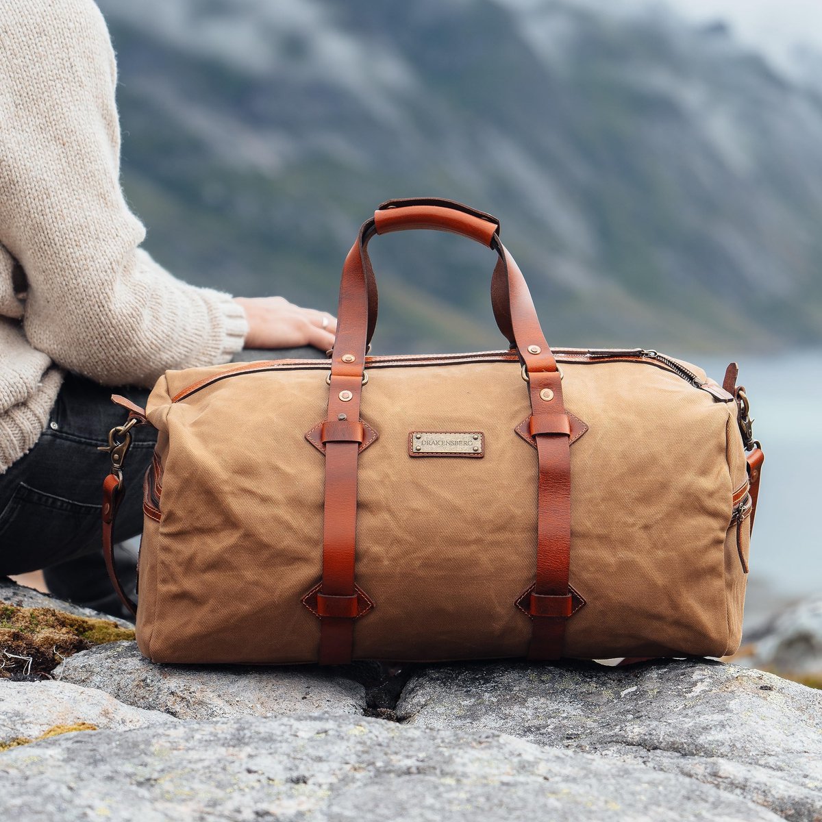 SnelShoppen - DRAKENSBERG Wax-Canvas Leder Weekender 'Cody' (54cm) waterafstotende reistas, heren en dames, vintage oceaanblauw en kaki-zand, 50L, kat