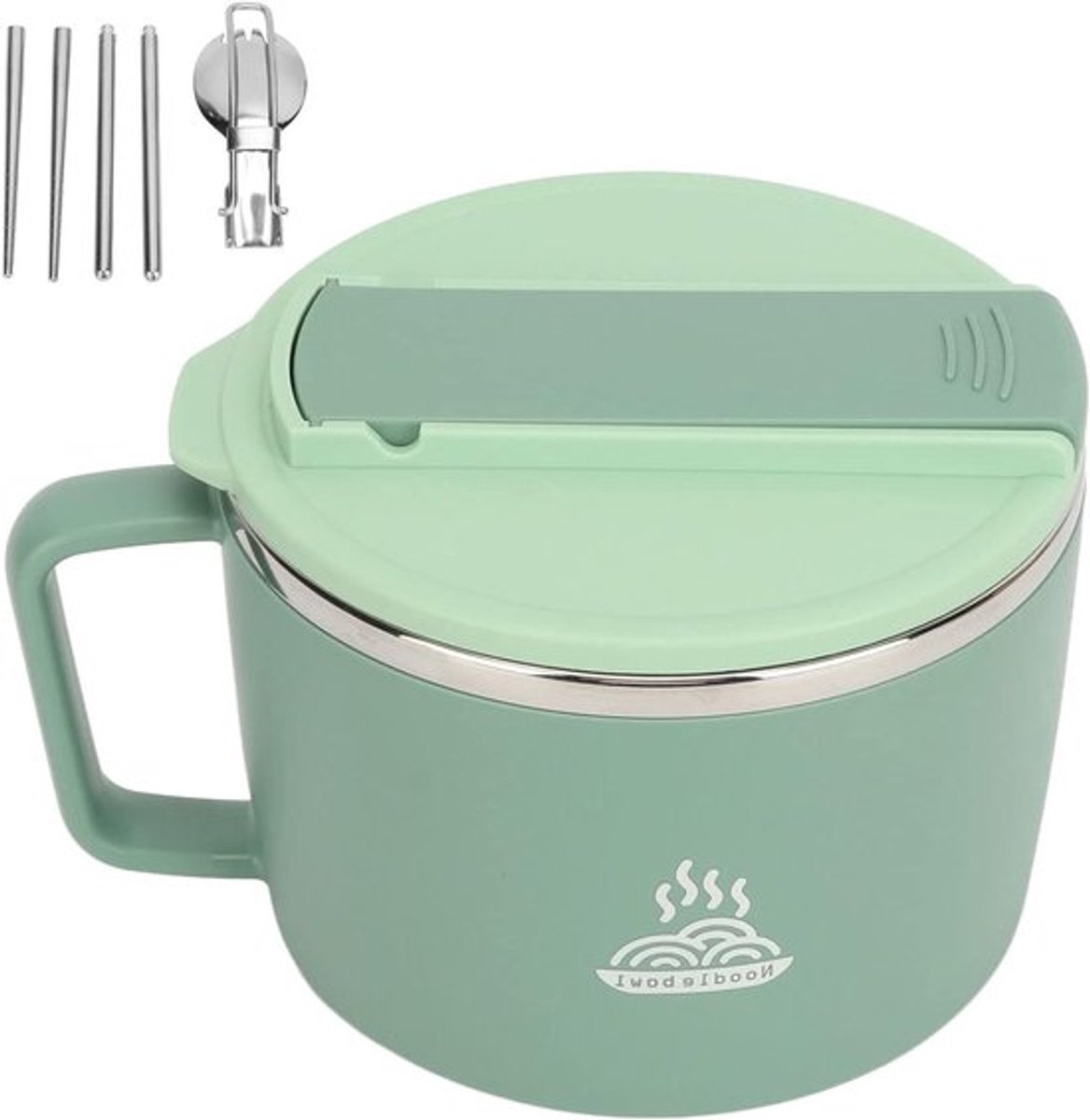 Magnetron Noedelkom Set met Deksel, Spork en Eetstokjes - 1200 ml Soepkom met Handvat voor Kantoor en Studentenhuis (Groen)