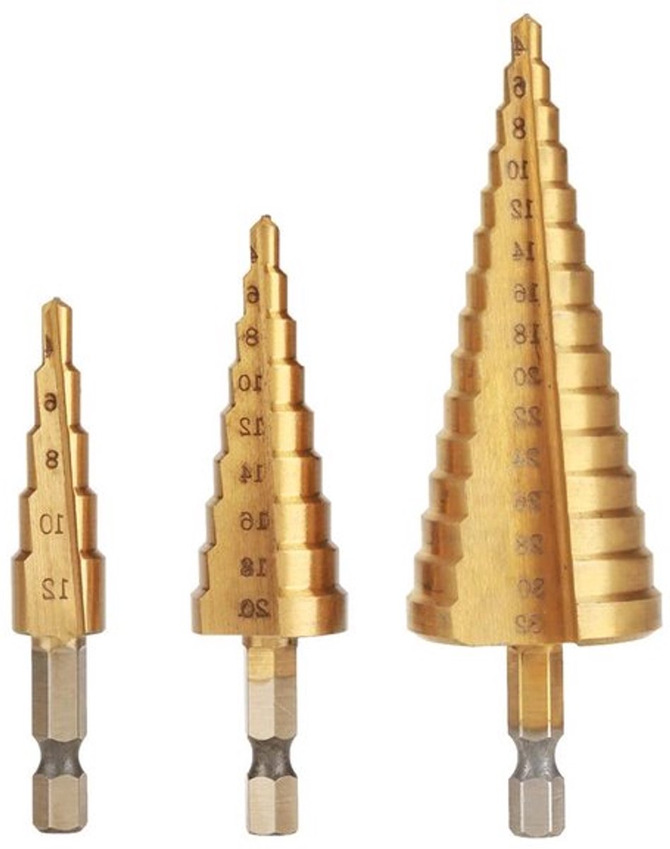 Set van 3 trapboren met hoge snelheid staal, hexaschaft en titanium coating voor precisieboren van 4-12/4-20/4-32mm