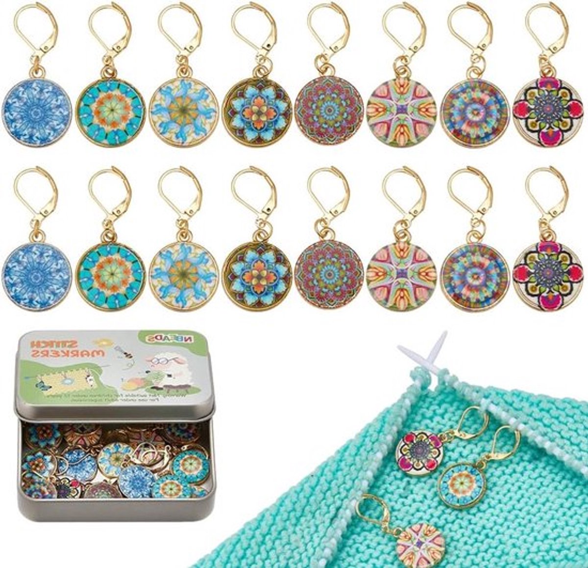 16 Stuks 8 Stijlen Platte Ronde Mesh Markers, Vintage Bloem Locking Haakjes en Enamel Haakjes voor Richtingstekens en Breiwerk Markering