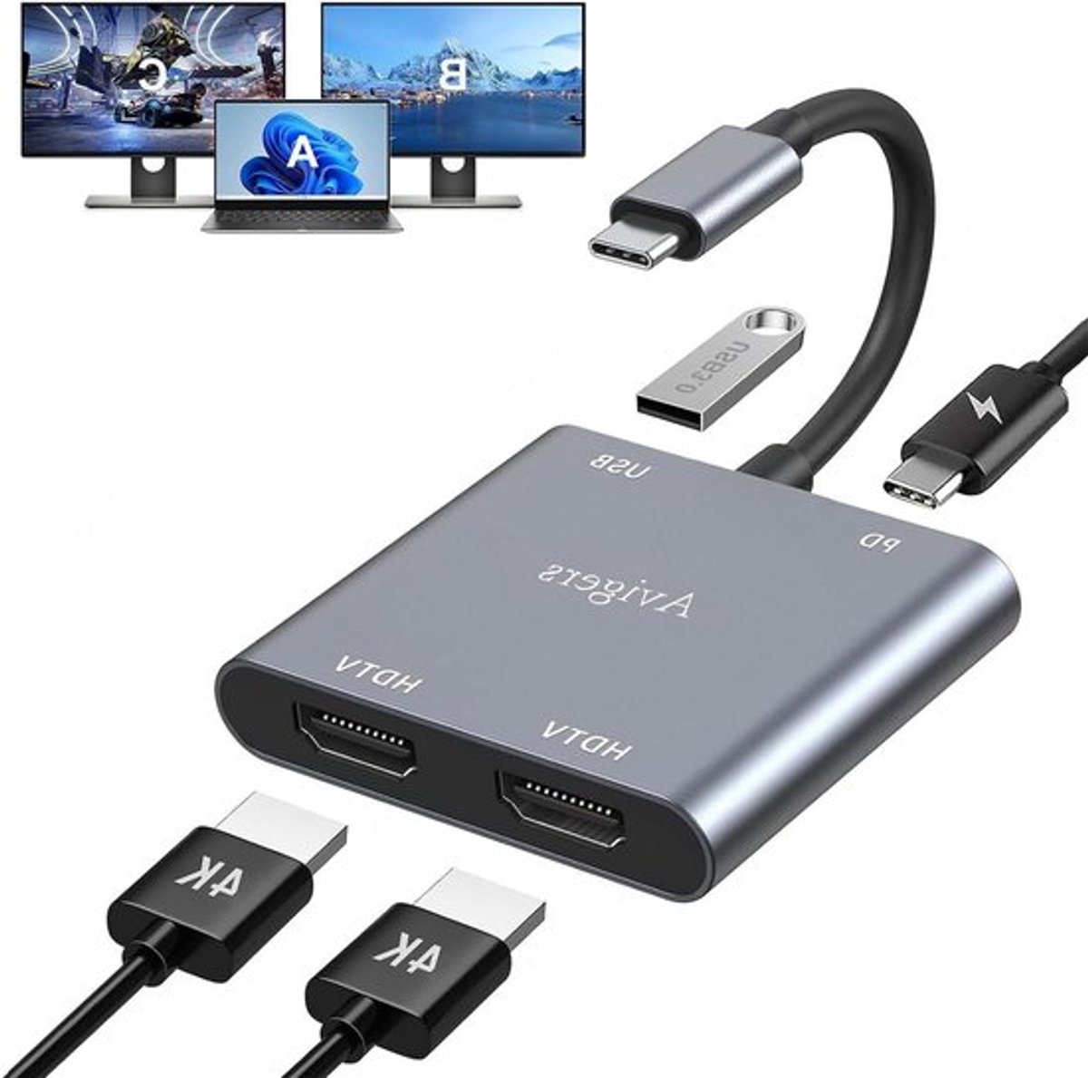 HDMI splitter 1 naar 2 uitgangen, USB C naar HDMI adapter voor 2 monitors, ondersteunt 4K@60Hz en USB 3.0 voor laptops en tablets