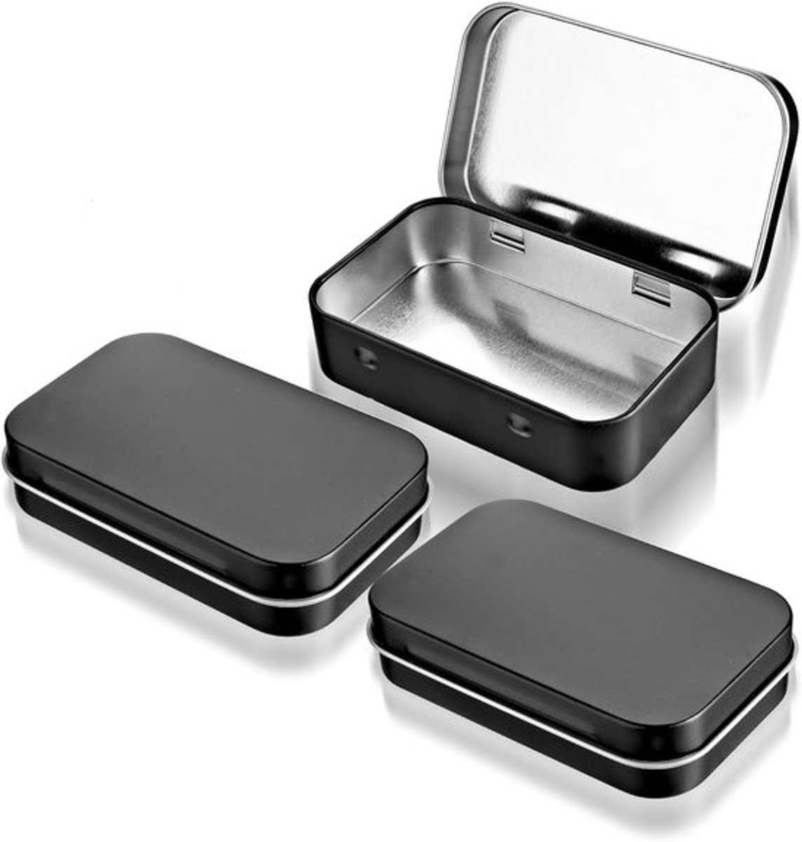 Rechthoekige Kleine Metalen Blikjes, Set van 3, Draagbare Mini Opbergdozen met Deksel voor Snoep, Sleutels en Sieraden, 9,5 x 6 x 2 cm (Zwart)