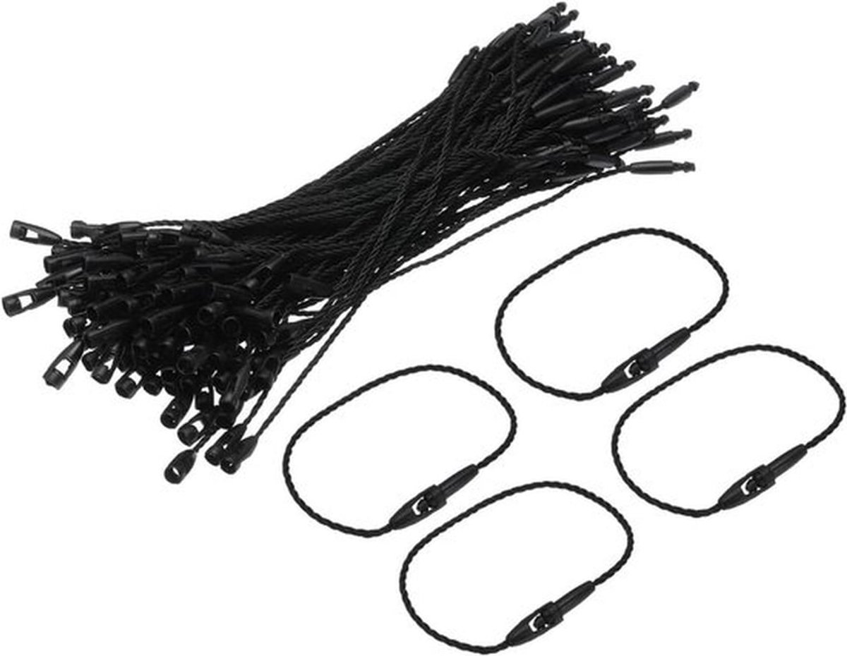 Polyester Touw met Snap Lock Pins voor Hangtags - 190mm, 1mm Diameter, 100 Stuks, Zwart - Perfect voor Prijslabels en Kledingetiketten
