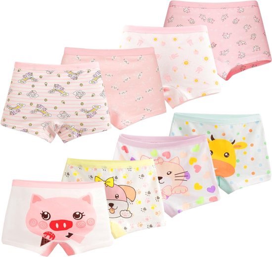 Verzameling van diverse boxershorts voor meisjes met prints van varkens, katten, honden en eenhoorns.