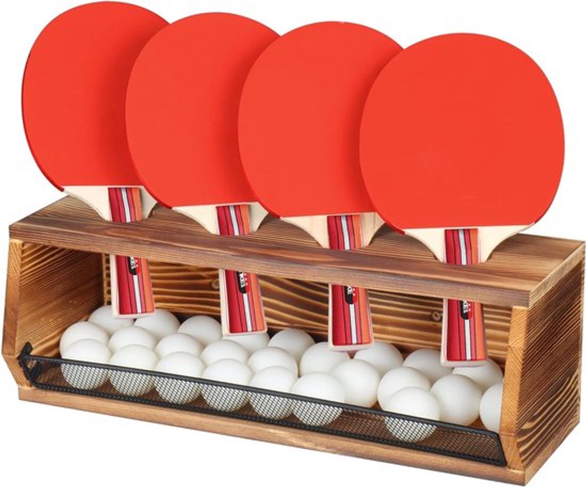 Opslagrek voor Tafeltennis, Paddlehouder met Opbergrek van Vurenhout, Organizer voor Speelkamer, Garage en Thuis met Accessoires voor Tafeltennis