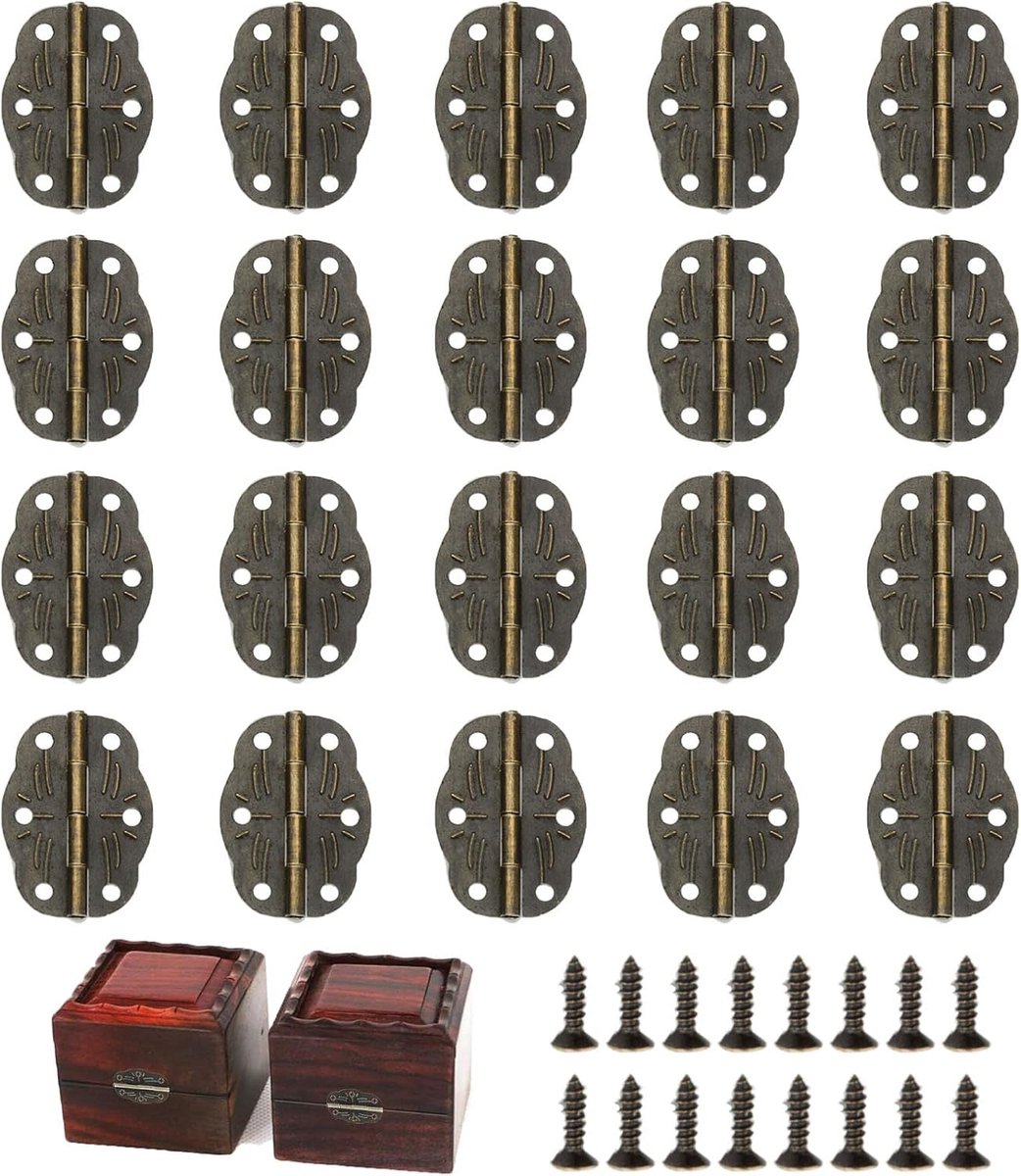 SnelShoppen - Set van 20 Mini Scharnieren met 80 Schroeven, Retro Ontwerp Latch, Antieke Snap Klemmen, IJzeren Scharnieren voor Houten Kist, Sieradenk