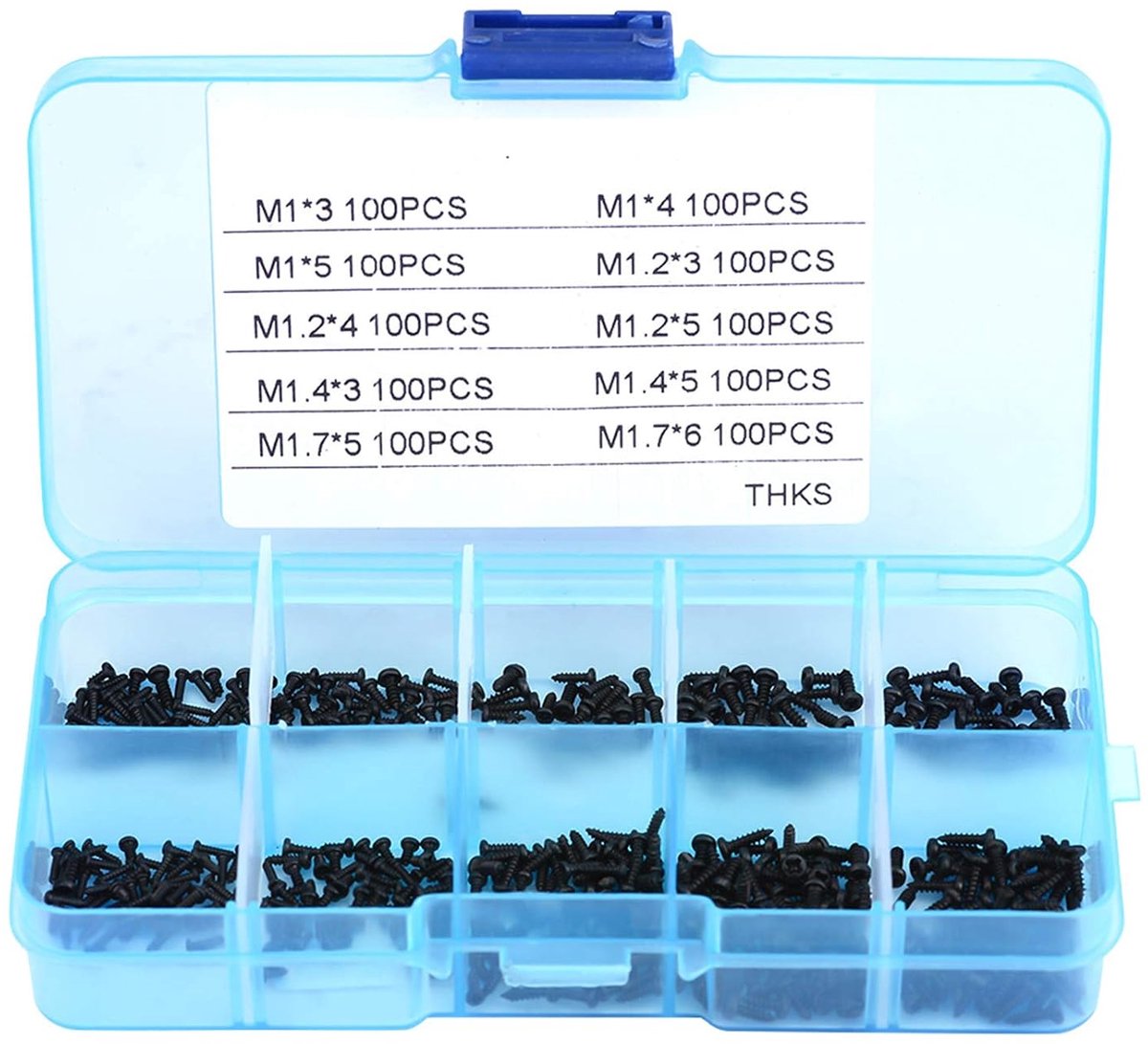 SnelShoppen - 1000 Stuks Kleine Zwarte Schroeven Kruiskop Zelftappende Schroeven Assortiment Kit M1 M1.2 M1.4 M1.7 met Plastic Opbergdoos