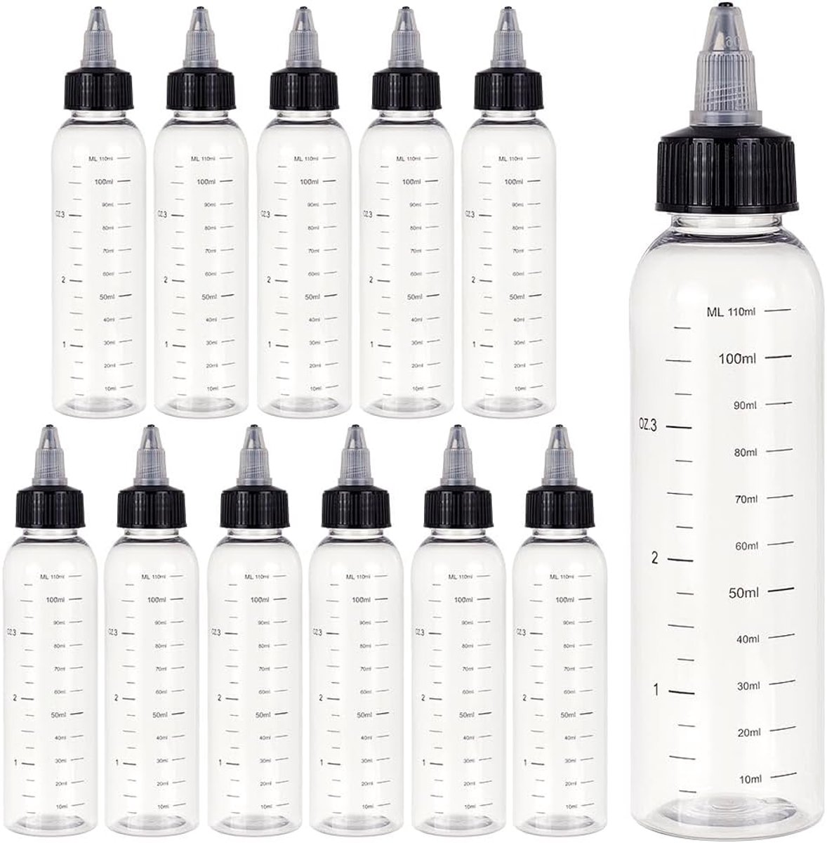 SnelShoppen - 12 Stuks 110ml Lege Plastic Knijpflesjes met Zwarte Draaidop, Gegraduede Flesjes voor Inkt, Vloeistoffen, Olie, Gel, Lijm