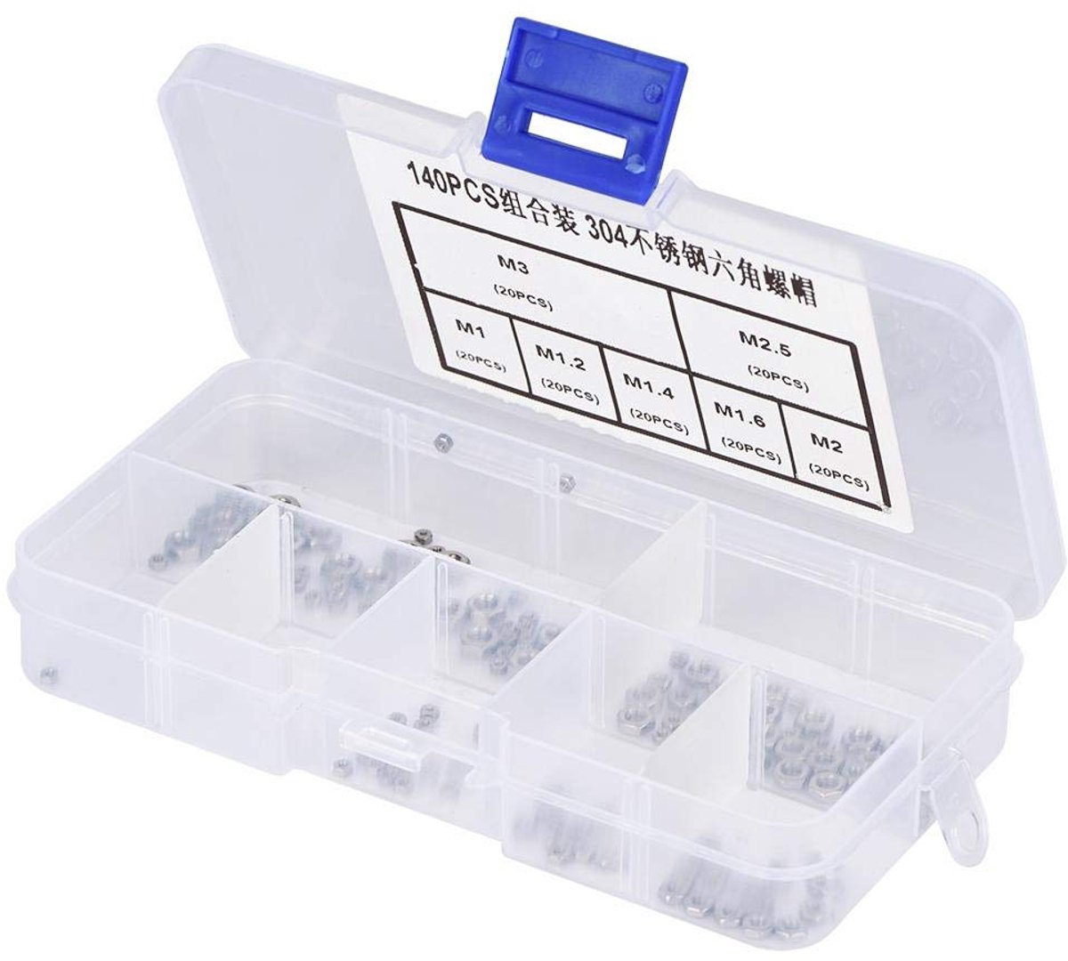 Hexmoeren set 140 stuks - RVS 304 - Diverse maten M1 t/m M3 - Ideaal voor bevestigingen - ShopVlot