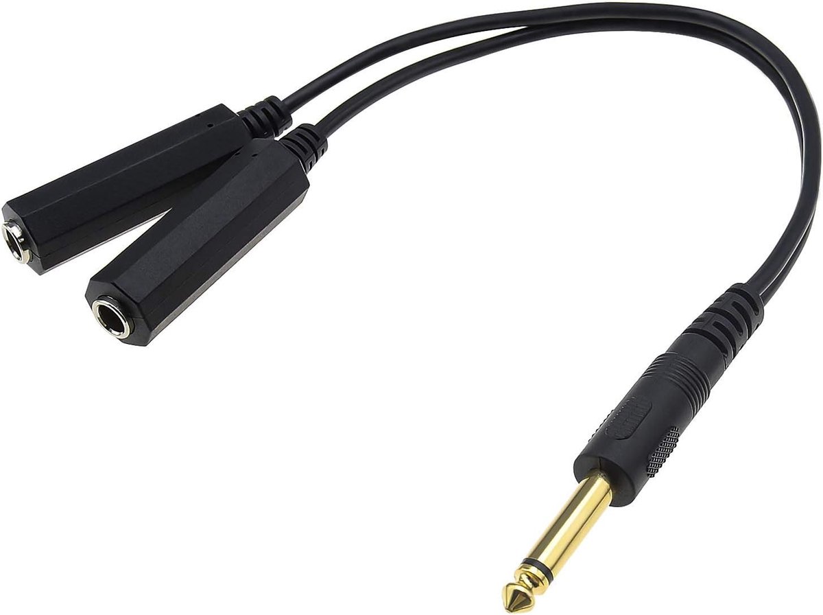 SnelShoppen - Y Splitter Audio Adapter Kabel 6.35mm Mono Male naar 2x Female Jack Sockets - 30cm Goud Geplated Plug - Geluidsversterking voor Feest, S