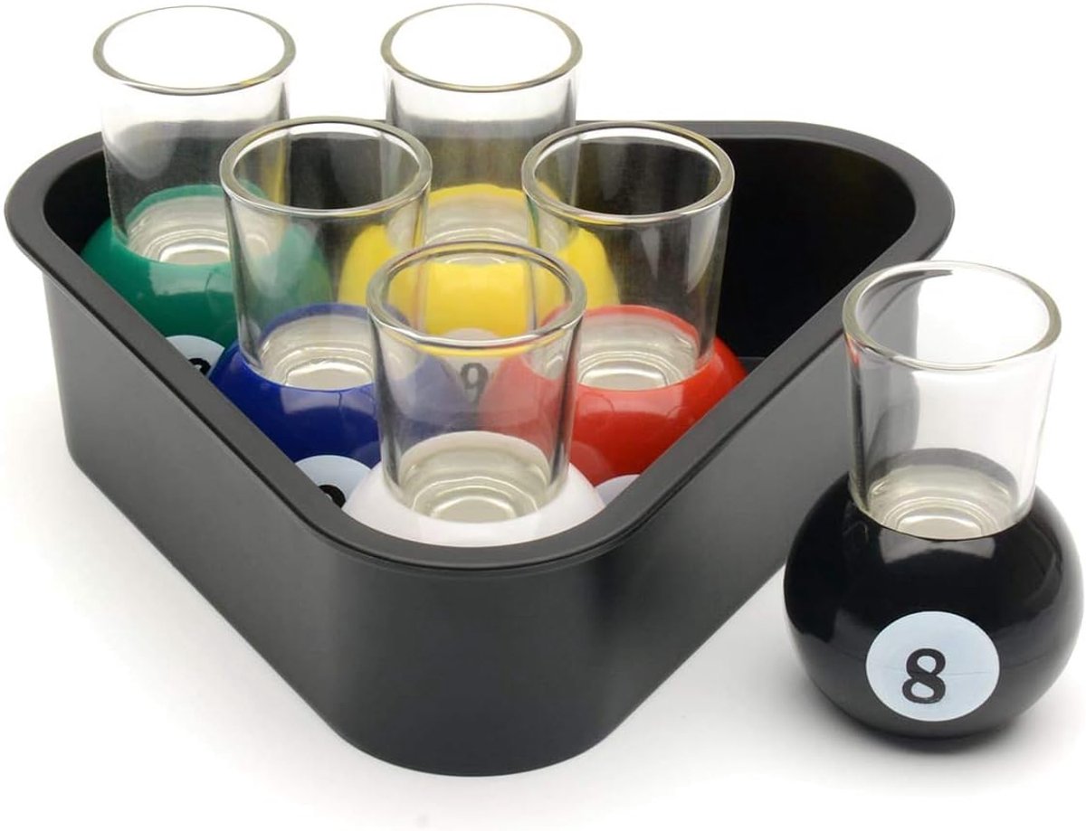 SnelShoppen - 6 Poolbal Shotglazen met Driehoek Rack Tray - Billiards Drinkspel Set voor Thuisbar, Feest en Gezelligheid