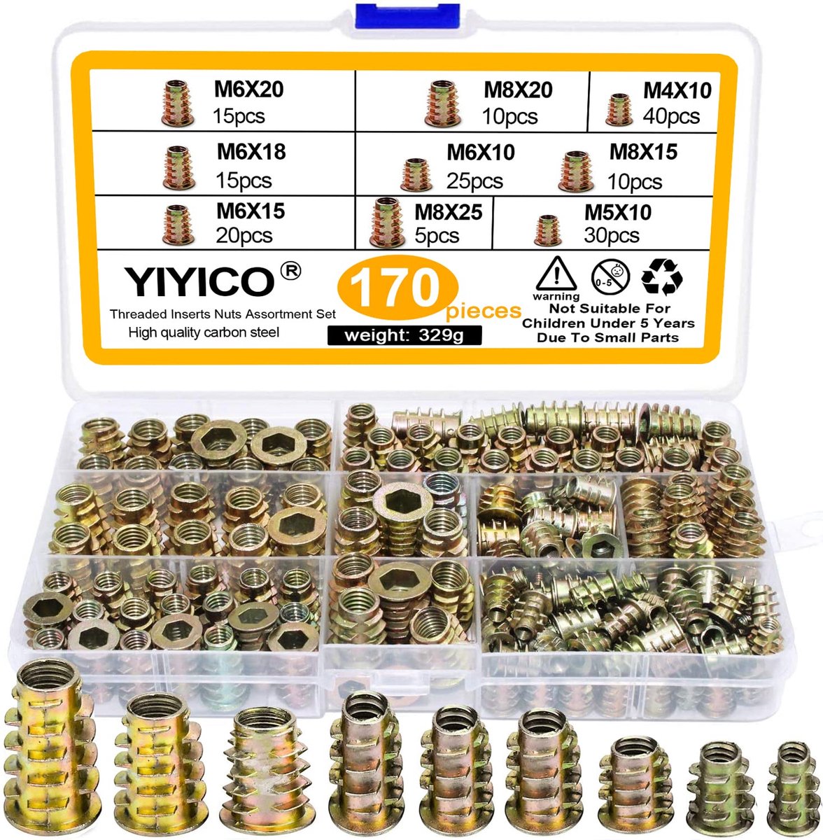 SnelShoppen - Thread insert houtschroef moer rampamuffe 170 stuks | Schroefmoeren assortiment voor houten meubels, verzinkt, 9 maten, opbergbox
