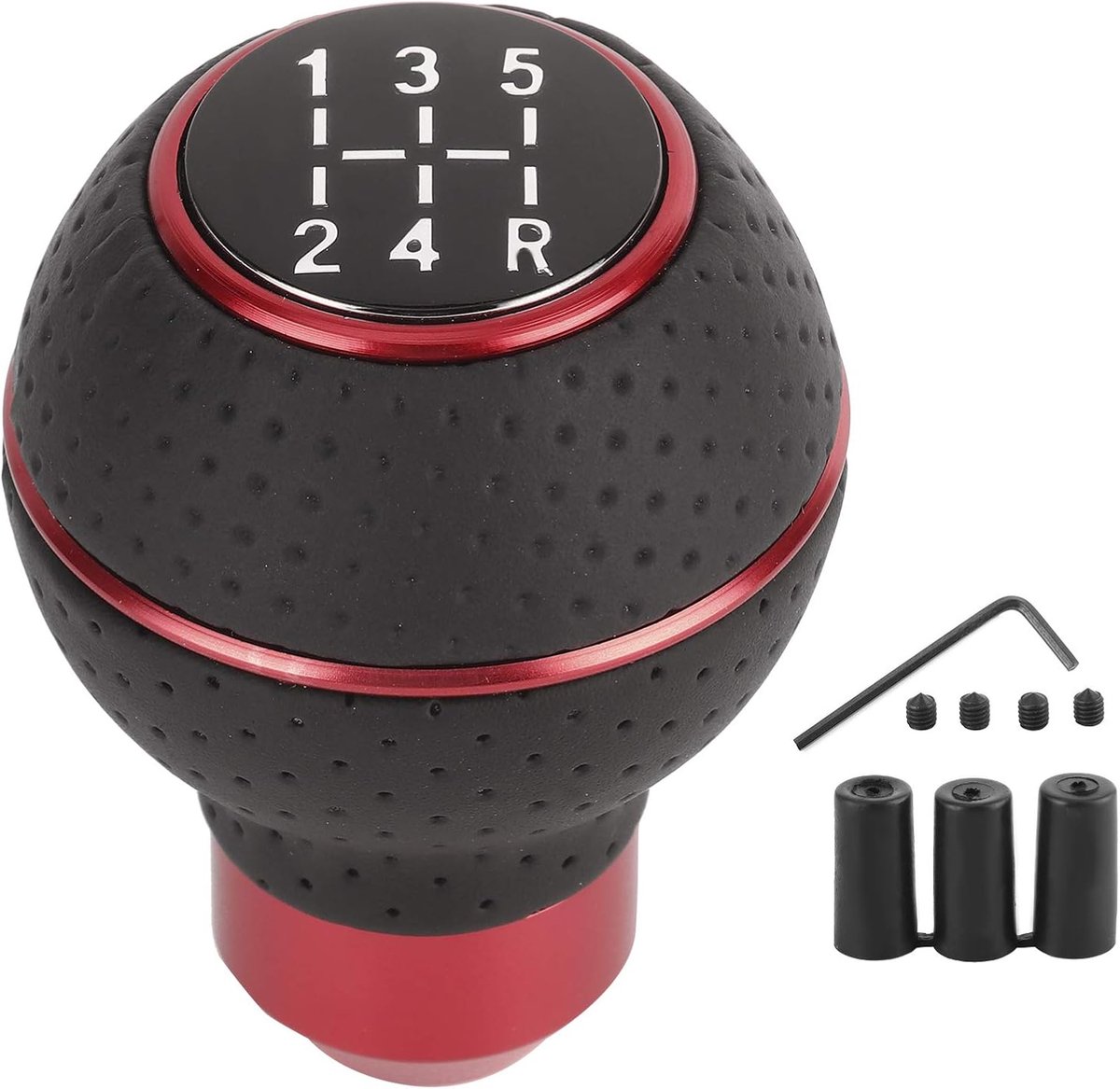 SnelShoppen - Versnellingspook Knop 5 Versnellingen Aluminium en Leer Handmatige Auto Accessoire (Rood) - Eenvoudig te Installeren, Comfortabel en Sti