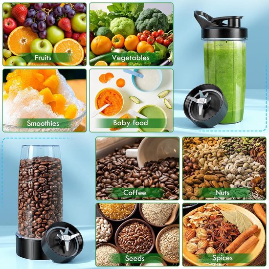 Draagbare Blender - Smoothie Maker - Snelle Smoothies Maken - 1200W Krachtige Motor - 2x 800ml Cups - Zilver — afbeelding 4