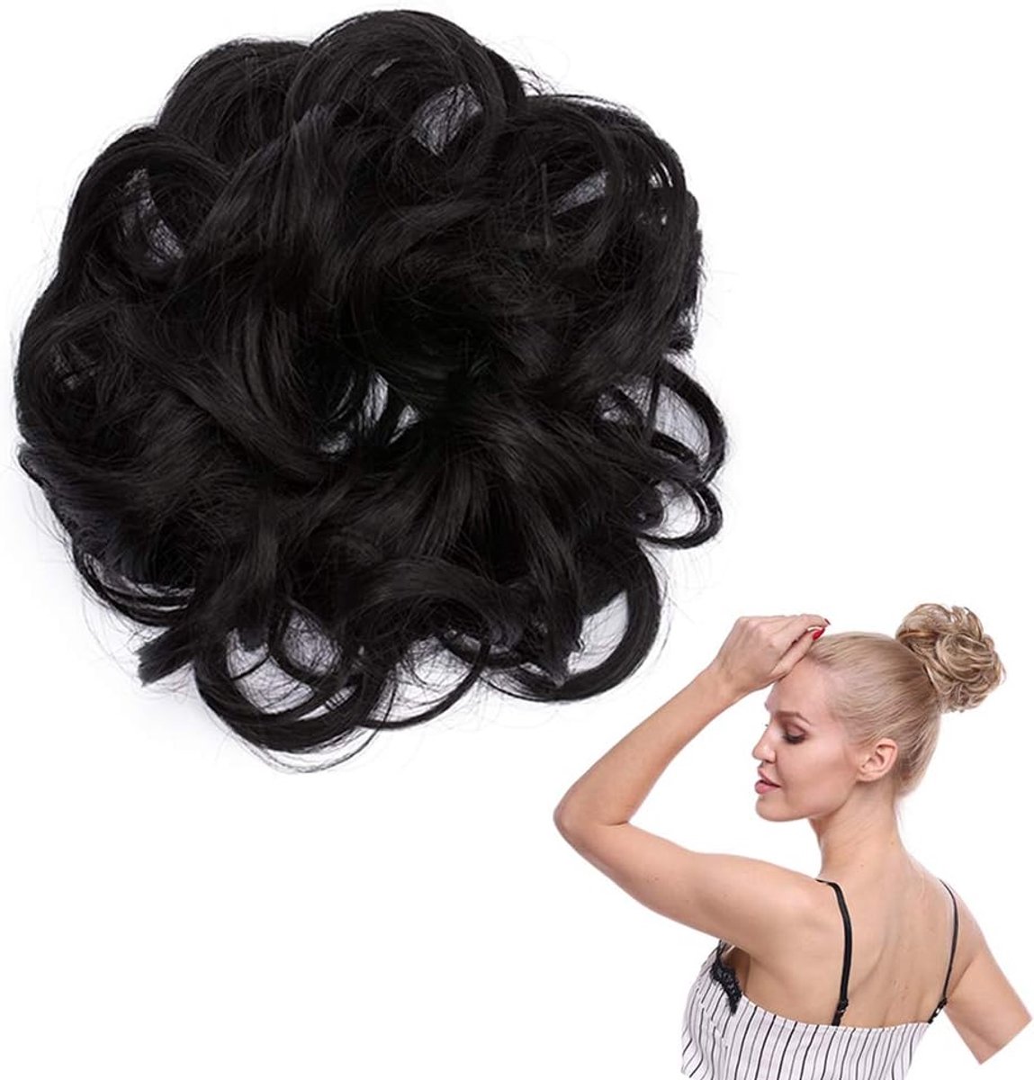 SnelShoppen - Haarstuk voor Bunt, Haarband, Ponytail Scrunchie, Volumineus Synthetisch Vezel, Donker Zwart, 12 cm, Geschikt voor Feesten en Bruiloften