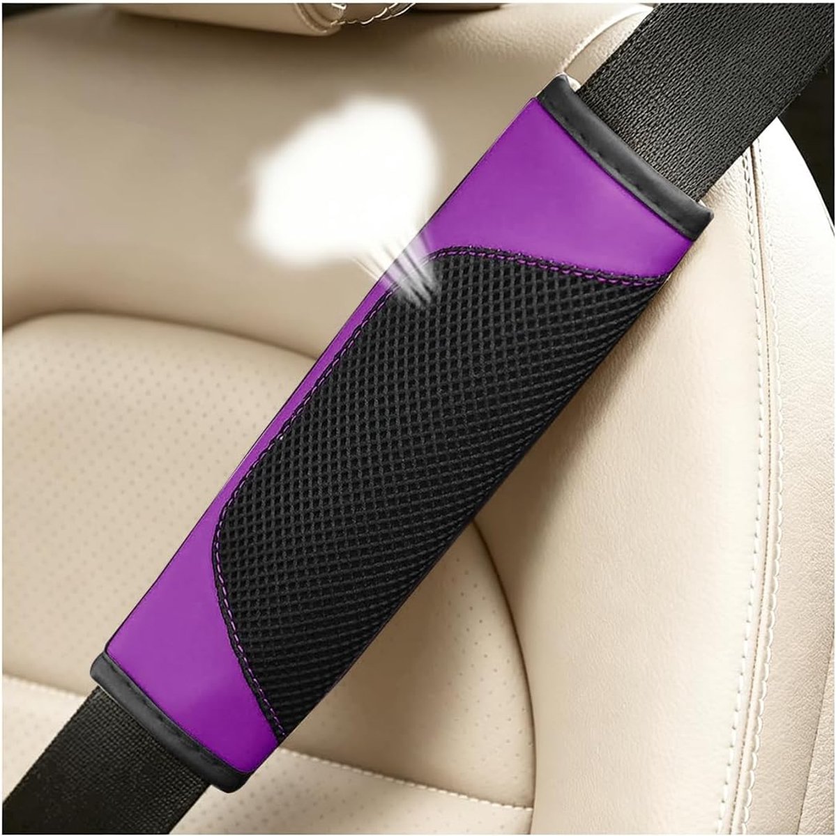 Autogordel Schouderkussen - 2 Stuks - Paars - Mesh en Lederlook - Klittenband Sluiting - Universeel voor Auto - SUV en Bestelwagen
