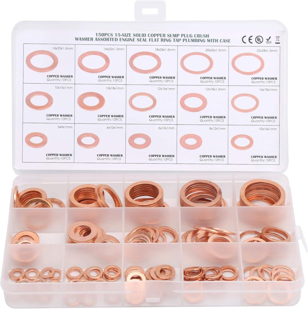 SnelShoppen - 150 Stuks Koper Ringen Assortiment, Platte Afdichtringen, 15 Maten van M5 tot M22, Hoogwaardige Koper, Voor Olieafvoergasket