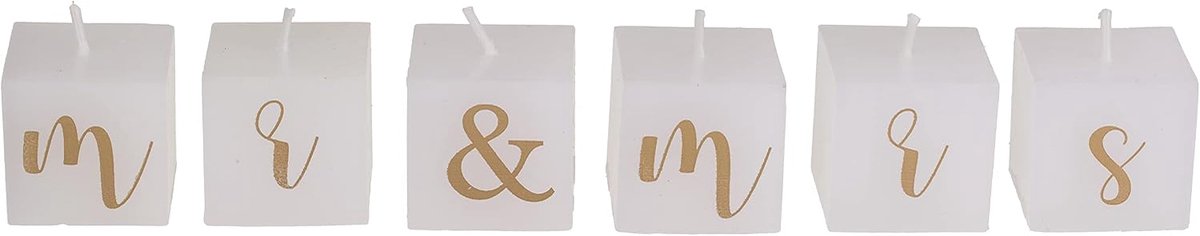 SnelShoppen - Set van 6 witte kaarsenblokjes met gouden letters Mr & Mrs, 3 x 3 x 3 cm, decoratie voor bruiloft en verloving
