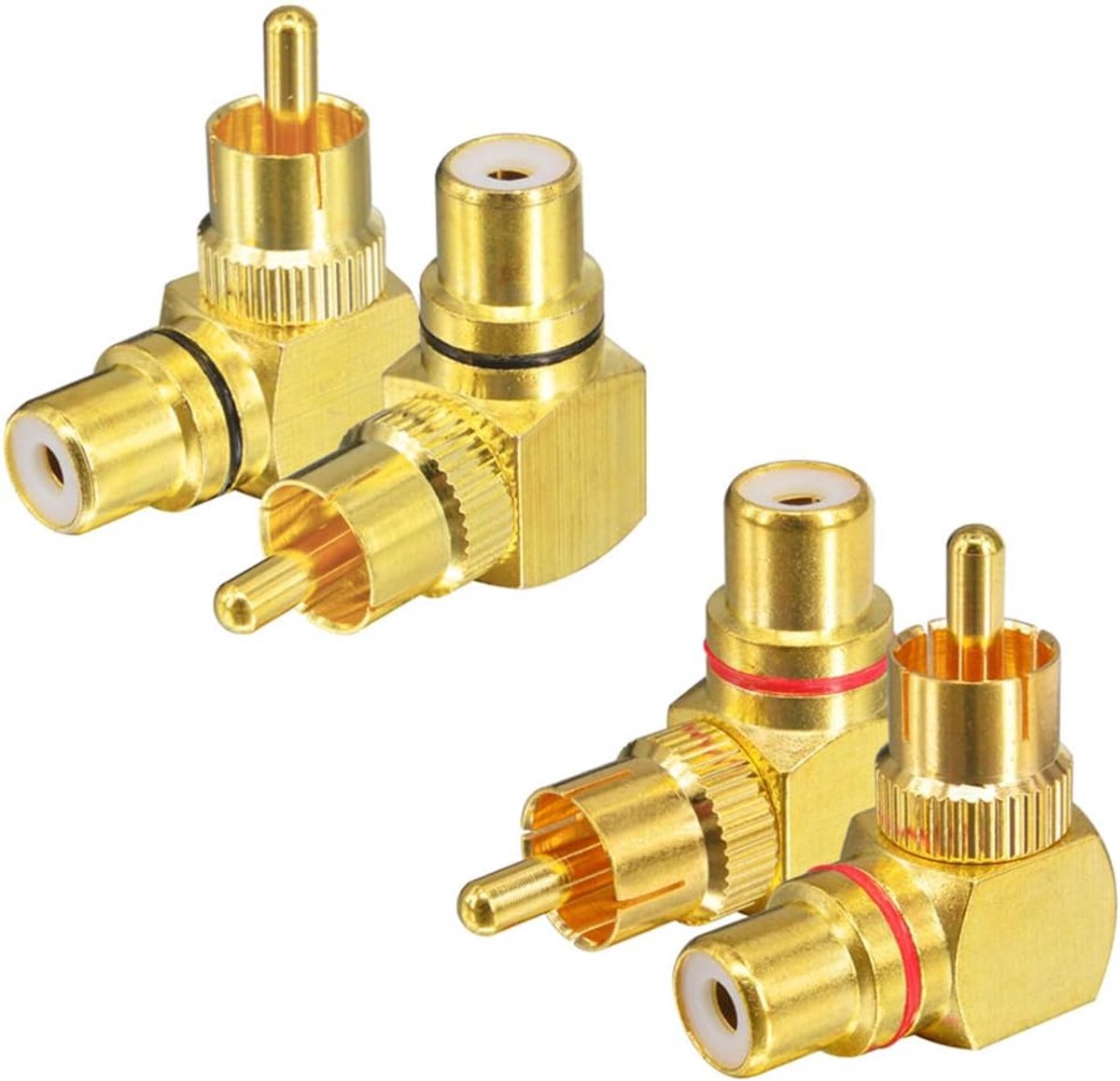 SnelShoppen - 4 Stuks Hoekige RCA Male naar Female Adapter, 90 Graden, 2 Rode en 2 Zwarte, Hoogwaardige Koppelstukken voor Audio en Video Verbindingen