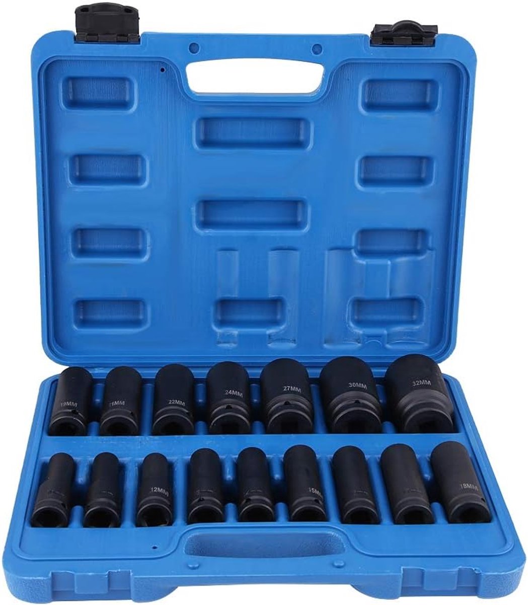 SnelShoppen - 16-delige Impactsleutelset met Schokschroevendraaiers en Moeren - 1/2 Inch Aandrijving, 10-32mm Zeskant Moeren - Duurzaam Gereedschap vo