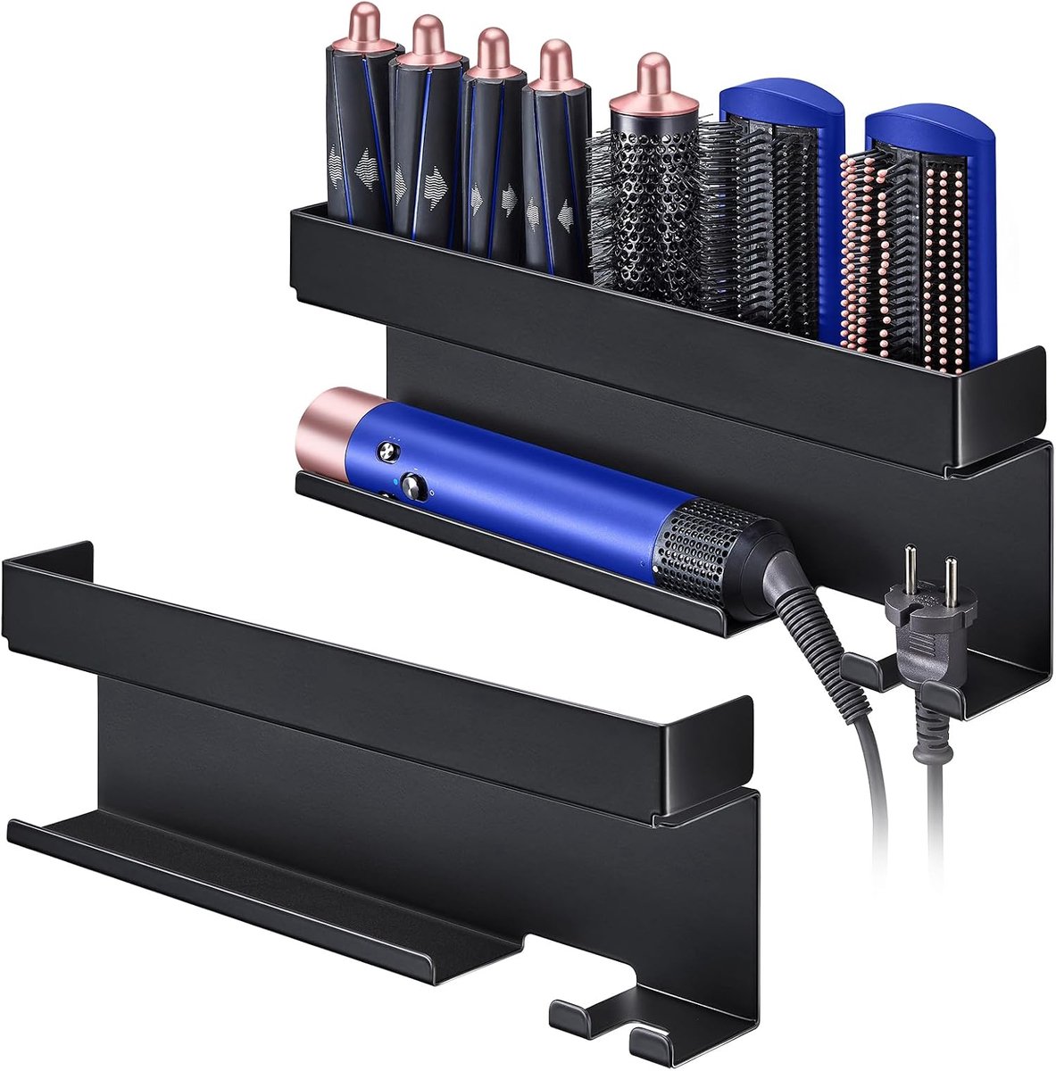 Wandrek voor haarstylingtools - 7-in-1 multifunctioneel opbergrek voor stijltangen en krultangen - Zwart - Geschikt voor badkamers en kapsalons