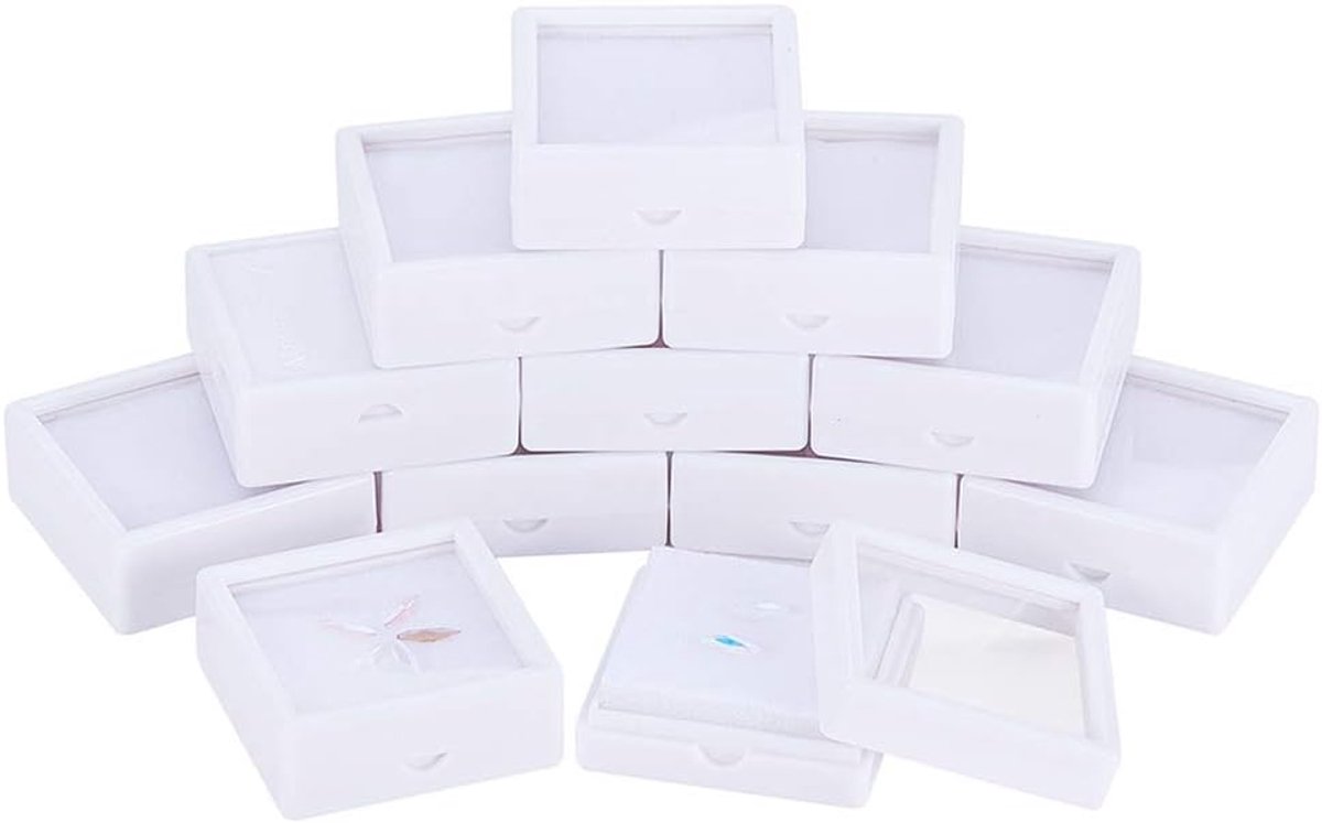 SnelShoppen - 12 Stuks Witte Edelssteen Bewaarboxen 5x5x2cm Juweel Dozen met Duidelijke Deksel voor Edelsstenen en Juwelenverpakking
