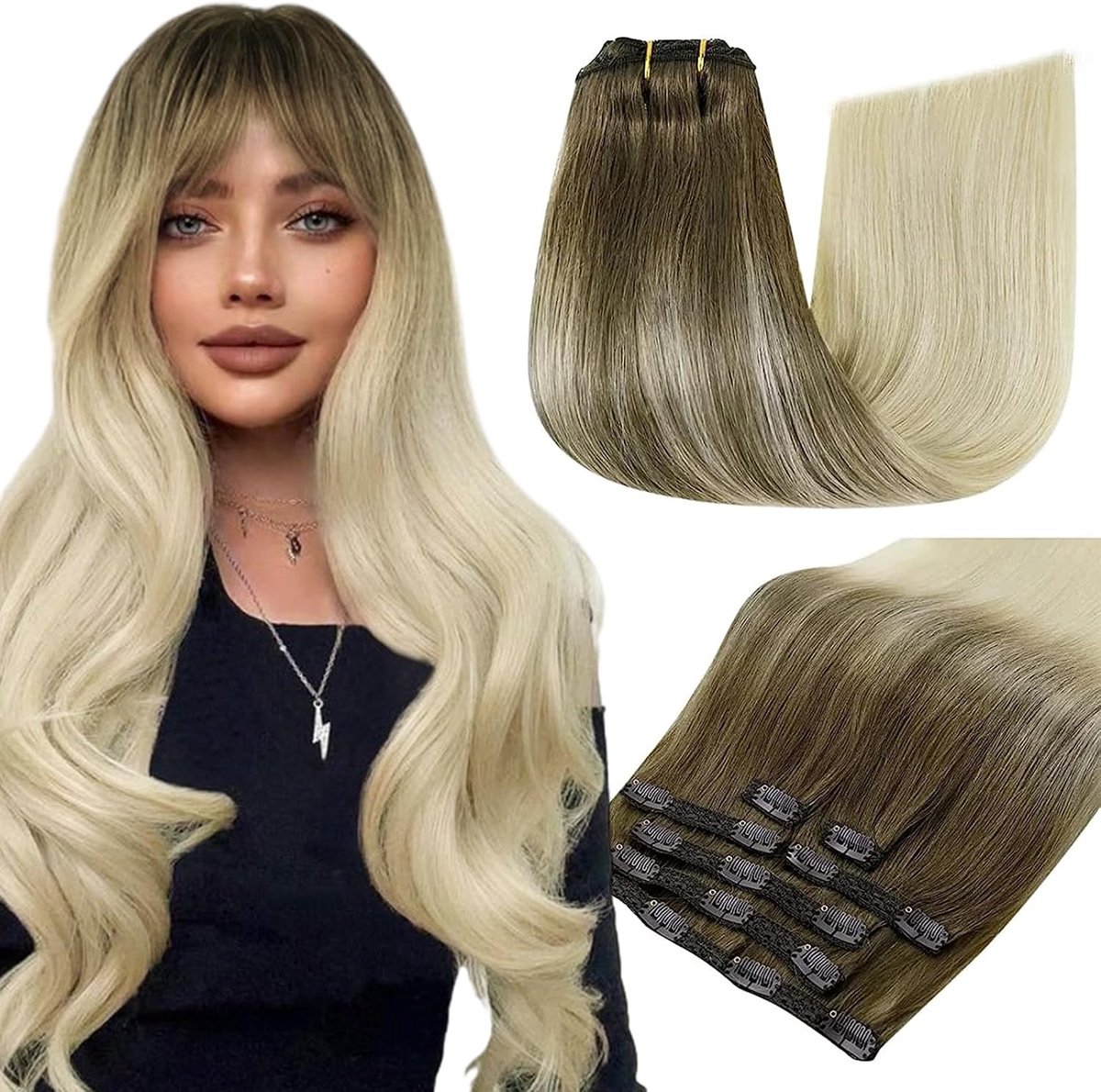 SnelShoppen - Clip in HaarExtensions Ombre Blond 16 Inch 120g - Natuurlijke Glans, Kroezen Bestendig, 7 Stuks - Perfect voor Feest en Dagelijks Gebrui