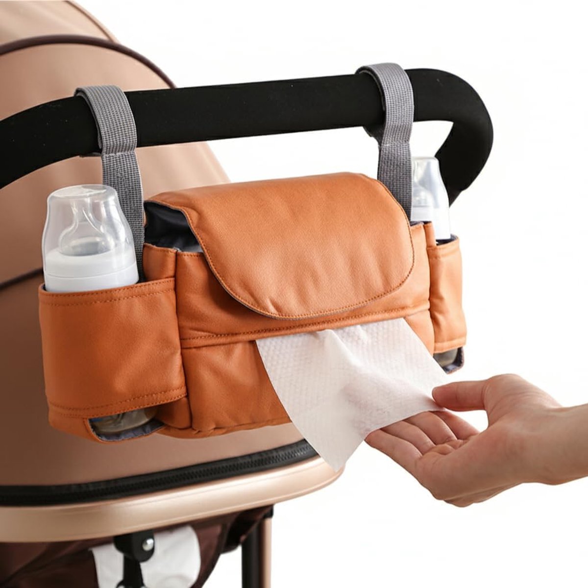 Universele opbergtas voor kinderwagen - Ophangbare luiertas voor in het autostoeltje met bekerhouder en tissuebox - Ophangbaar - Past op de meeste kinderwagens - Oranje