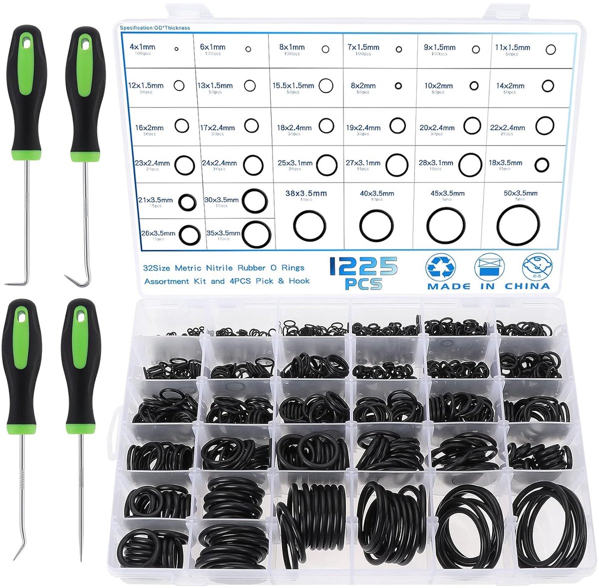 O-ring afdichtringen set 1225 stuks diameter 4-50 mm 32 maten nitrilrubber met pick en haakset