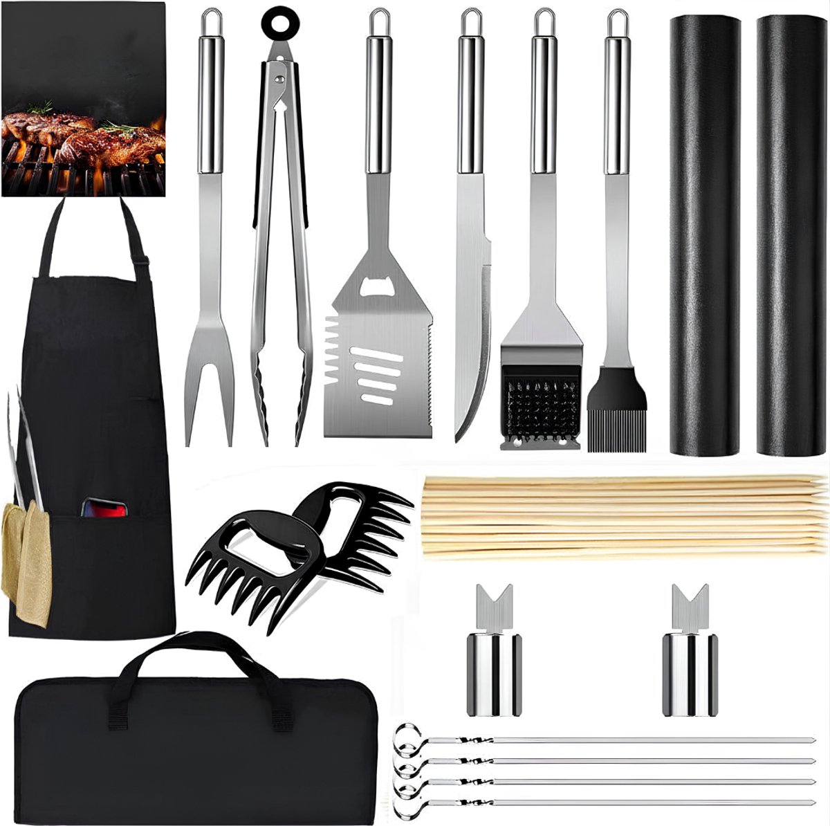 Lìon® BBQ- Accessoires (Set) - Gereedschap Voor Barbecue - Professioneel Cadeau Voor Mannen - Zwart/Zilver - 4cm x 7cm x 2cm