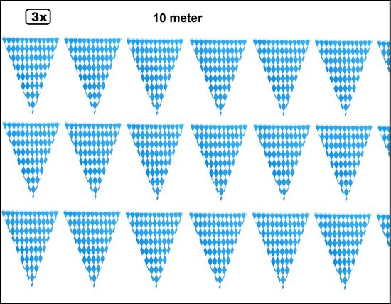 Drie vlaggenlijnen van 10 meter met blauw-wit ruitpatroon in Beierse Oktoberfest-stijl.