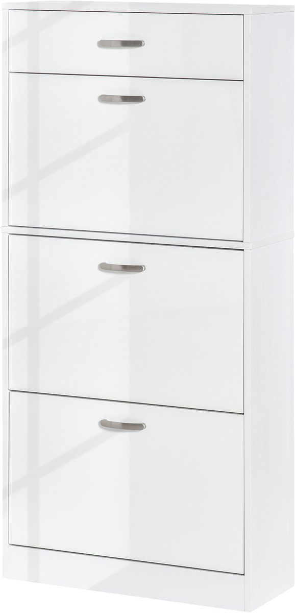 Schoenenkast – 3 klapdeuren en schuiflade – afmetingen: 62 x 24 x 135 cm (l x b x h) – handgrepen van aluminium, spaanplaat, wit