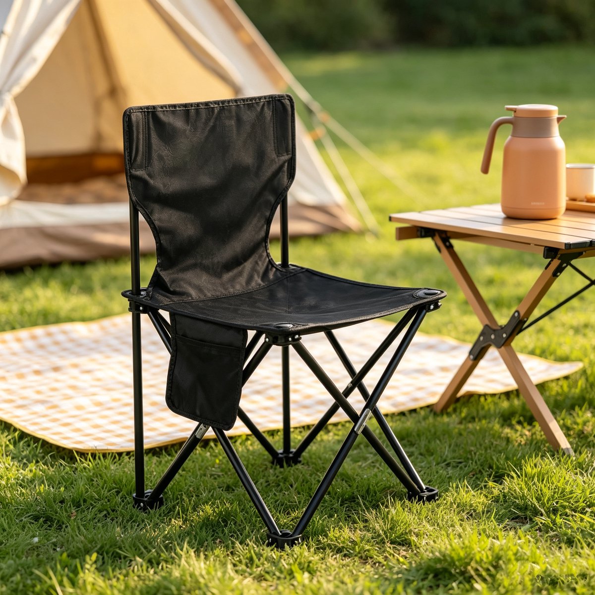 Extra grote zwarte opvouwbare campingstoel (43 x 43 cm) tekenstoel draagbare opvouwbare stoel met zijvakken geschikt voor kamperen vissen en tuinieren
